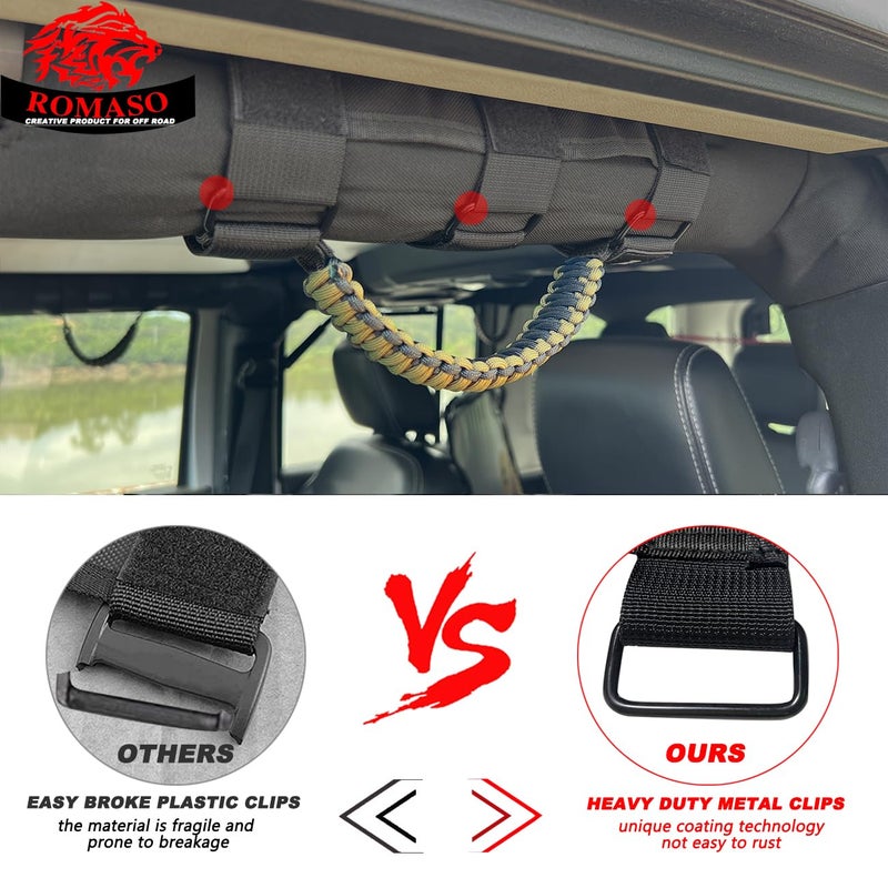 ROMASO Grab Handles for Jeep Wrangler,Roll Bar Grab Handles for Jeep Wrangler YJ TJ JK JL&Gladiator JT 1986-2025,Paracord Grip Handles,Black/Olive,Pack of 2 - Image 4